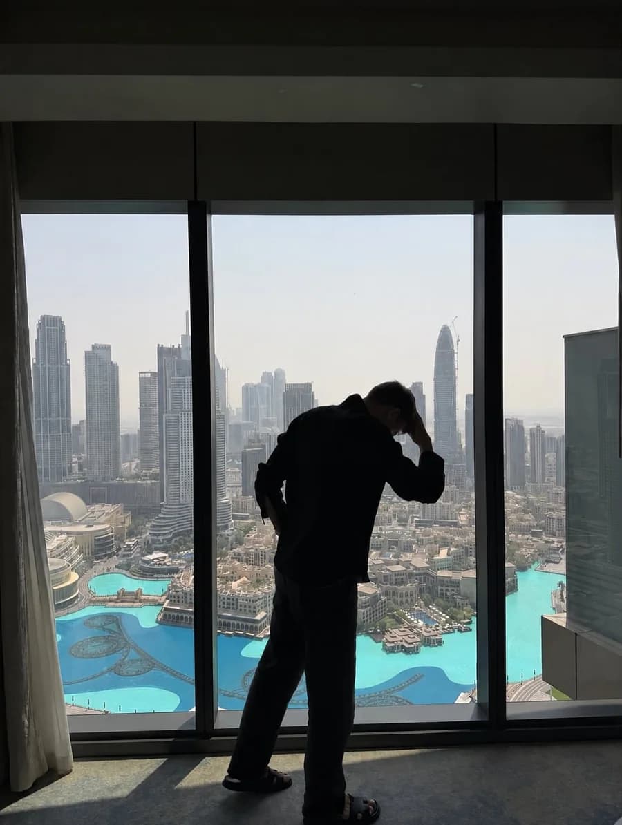 Maxime devant une baie vitrée qui donne sur Dubaï