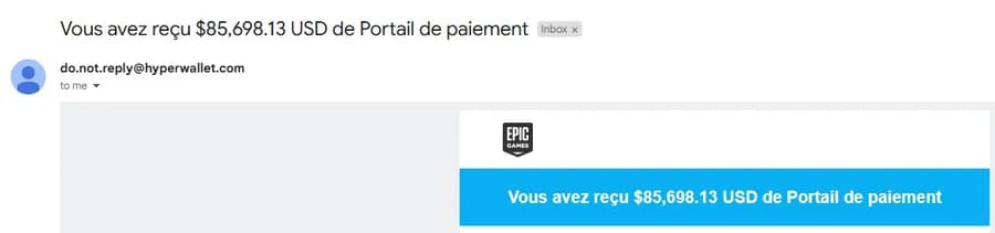 Email : « Vous avez reçu 85 698,13 USD de Portail de paiement »